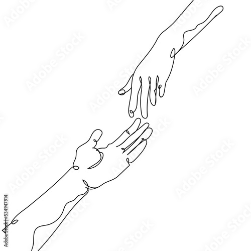 Continuous line drawing of two hands barely touching one another. Simple sketch of two hands isolated on white background. People connecting each other symbol. Vector illustration