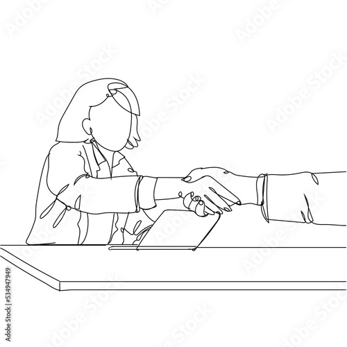 Continuous line drawing of business people handshake. Business colleagues shaking hands. Hand drawn single line vector illustration