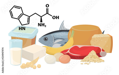 The chemical symbol for tryptophan. Vector illustration of foods containing tryptophan.