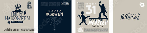 Set of happy Halloween party posters with a castle, zombies and ghosts pumpkins hand drawn style. Place for text. Lettering spiders web and flying bat. Vector illustration brochure background.