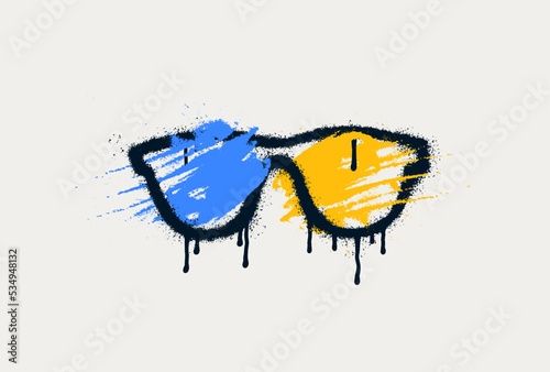 Glasses blue-yellow glasse graffiti spray pattern. Symbols, glasses with spray texture. Elements for banner, decoration, street art and ads. Stencil spray graffiti border isolated vector signs.