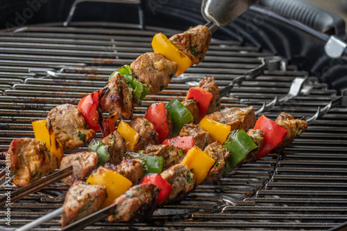 Grilled pork meat skewers with green, red and yellow bell pepper on barbecue grill. Popular ethnic food. 