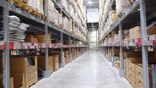 Antalya, Turkey September 2022. Warehouse aisle in an IKEA store with goods and boxes on shelves
