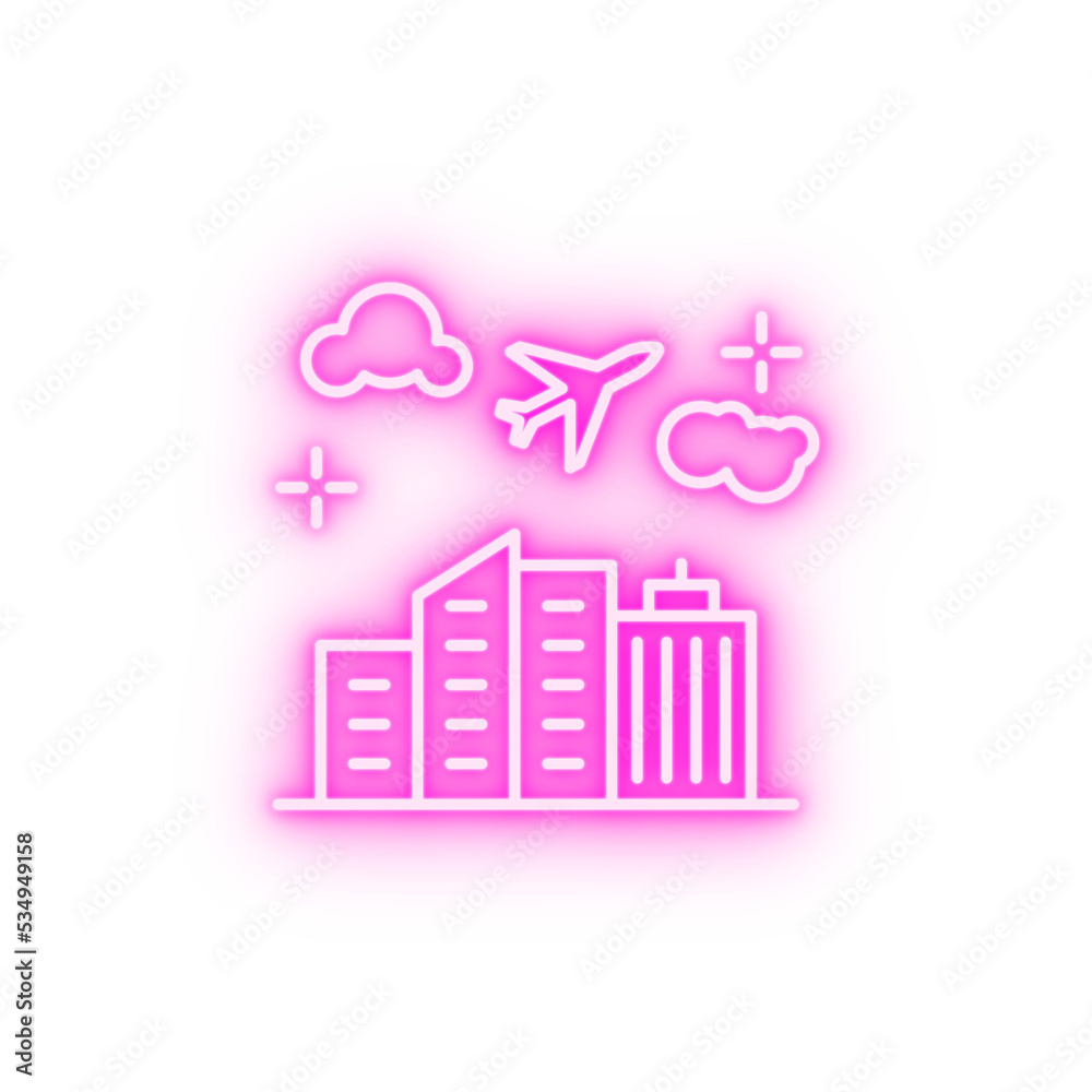 Airplane buildings flight neon icon Airplane buildings flight neon icon