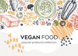 Vegan food collage style banner. Healthy food template. Middle eastern cuisine background. Hand-drawn vegan meals and ingredients for menu, recipe, and packaging design. Green food sketches in color