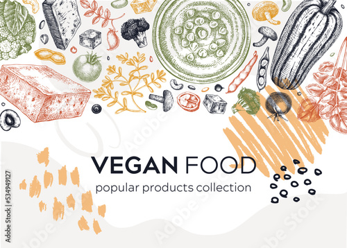 Vegan food collage style banner. Healthy food template. Middle eastern cuisine background. Hand-drawn vegan meals and ingredients for menu, recipe, and packaging design. Green food sketches in color