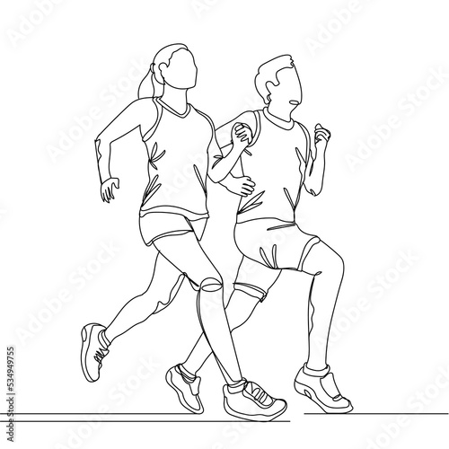 Continuous line drawing of couple man and woman jogging. Concept fitness club. Hand drawn single line vector illustration