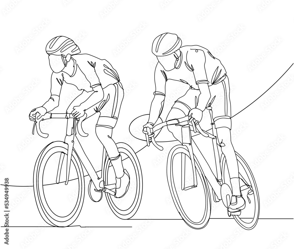 Continuous line drawing of two cyclist train to pedal cycling fast. Hand drawn single line vector illustration Continuous line drawing of two cyclist train to pedal cycling fast. Hand drawn single line vector illustration
