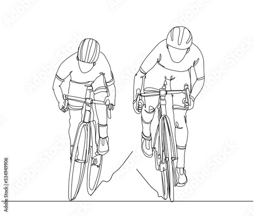 Single continuous line drawing of two cyclist pedaling cycling fast. Hand drawn single line vector illustration