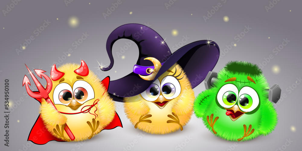 Cartoon fluffy funny little Chicks trio sitting together in Halloween costumes: Devil, Witch and Frankenstein