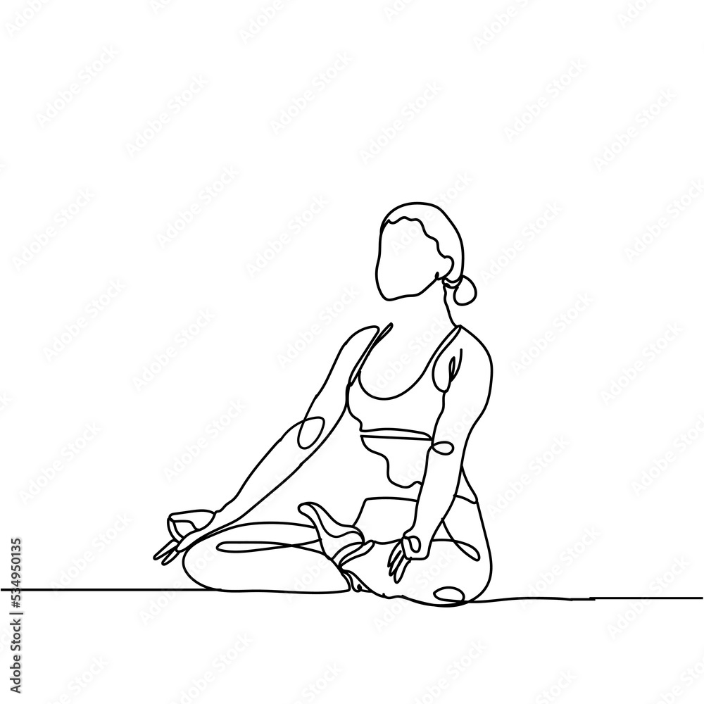 Continuous line drawing of woman sitting in lotus pose yoga on white background. Hand drawn single line vector illustration