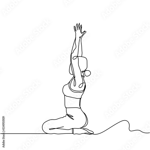 Continuous line drawing of sport woman in yoga on white background. Hand drawn single line vector illustration