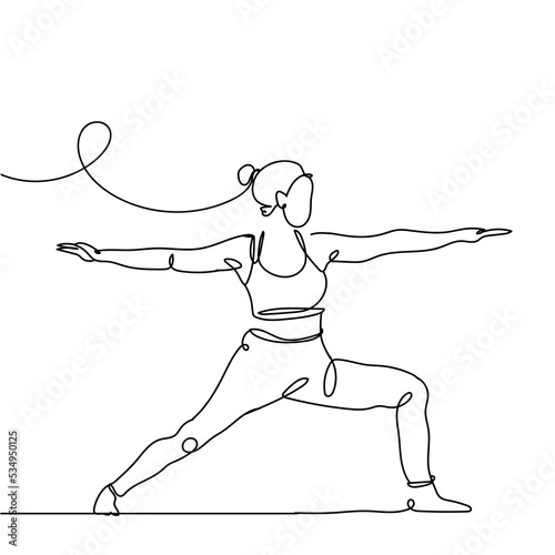 Continuous line drawing of exercising woman on white background. Hand drawn single line vector illustration