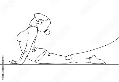 Continuous line drawing of exercising woman on white background. Hand drawn single line vector illustration