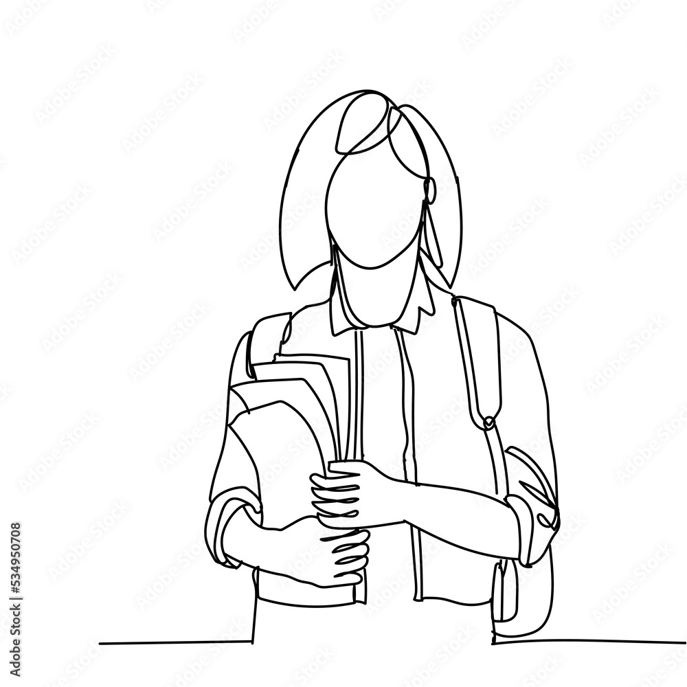 Continuous line drawing of girl with book and standing, teenager college woman holding stack of books and studying on white background. Hand drawn single line vector illustration Continuous line drawing of girl with book and standing, teenager college woman holding stack of books and studying on white background. Hand drawn single line vector illustration