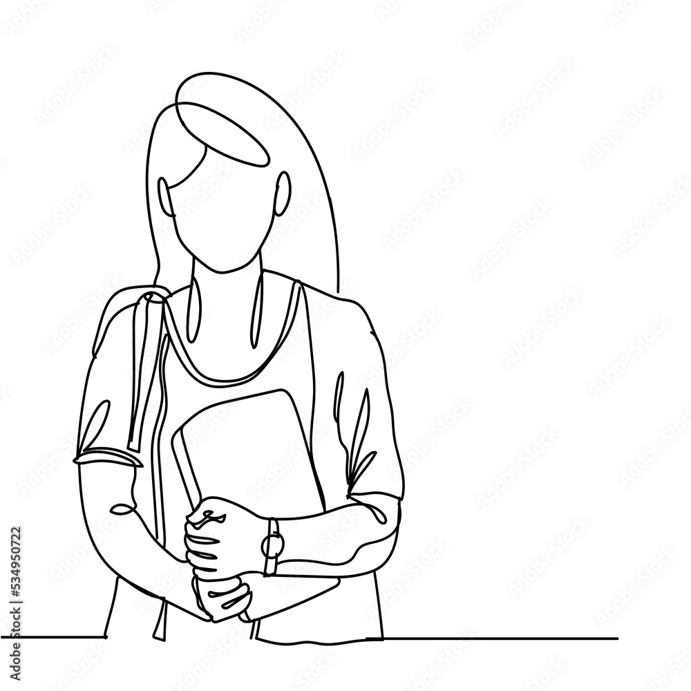 Single continuous line drawing of girl with book and standing. Teenager college woman holding stack of books and studying. Hand drawn single line vector illustration