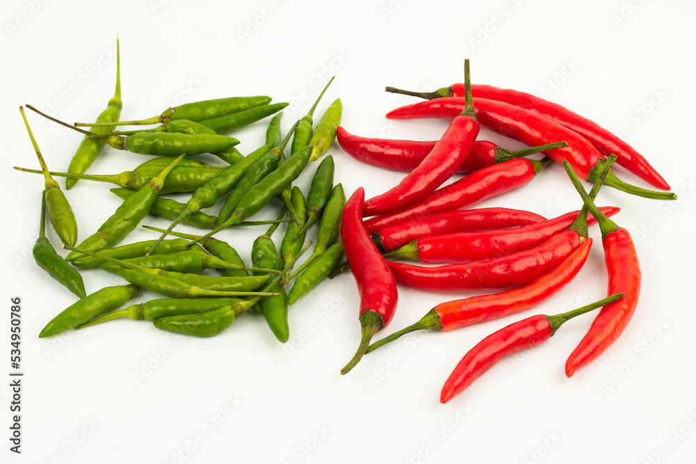 Mix red chilli and green chilli on white background. Mix red chilli and green chilli on white background.