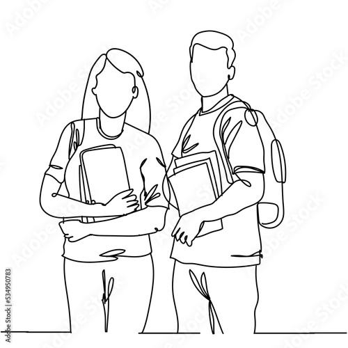Continuous line drawing of two students with book and standing, teenager college man and woman holding stack of books and studying on white background. Hand drawn single line vector illustration