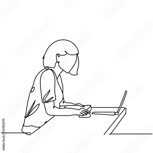 Continuous line drawing of girl studying in front of a laptop do coursework on white background. Hand drawn single line vector illustration
