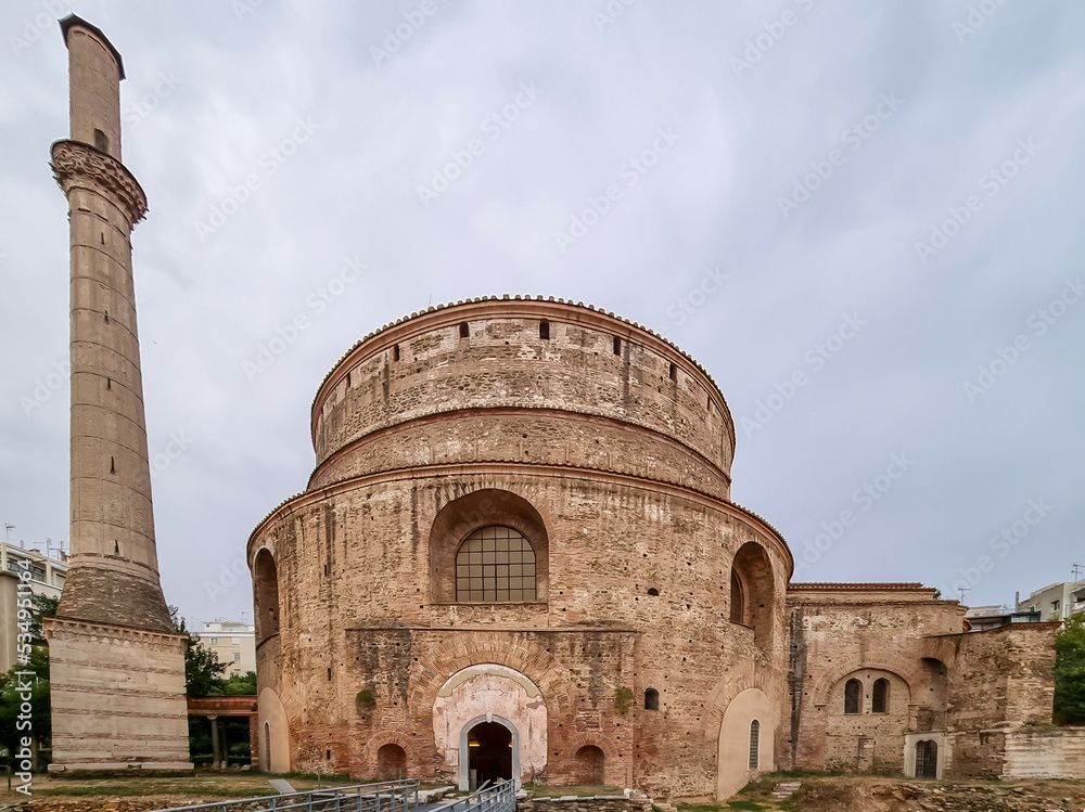 The Rotunda (aka Church of Agios Georgios or Rotunda of St George), a 4th century monument in Thessaloniki, Central Macedonia, Greece, Europe. Rotunda with minaret, medieval church and mosque