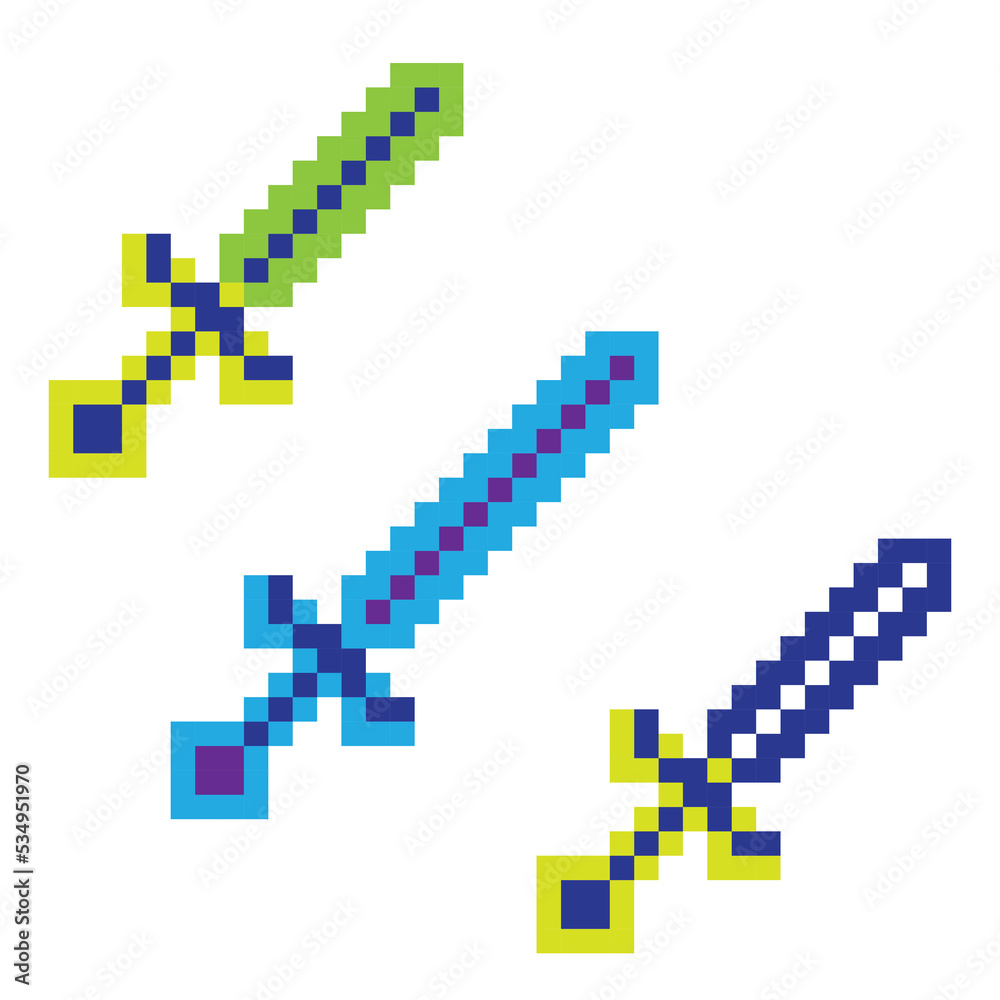 Colorful pixel sword game icon. Vector isolated mosaic button illustration. Digital crypto art poster banner. Simple collection arms knife warrior. Blue green item on white transparent background 