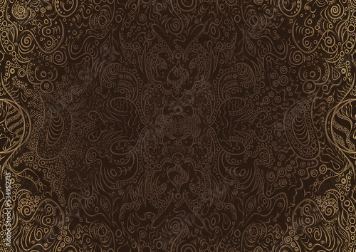 Hand-drawn unique abstract ornament. Light semi transparent brown on a dark brown background, with vignette of same pattern in golden glitter. Paper texture. Digital artwork, A4. (pattern: p04a)