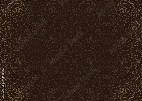 Hand-drawn unique abstract ornament. Light semi transparent brown on a dark brown background, with vignette of same pattern in golden glitter. Paper texture. Digital artwork, A4. (pattern: p07-1b)