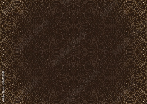 Hand-drawn unique abstract ornament. Light semi transparent brown on a dark brown background, with vignette of same pattern in golden glitter. Paper texture. Digital artwork, A4. (pattern: p07-2b)