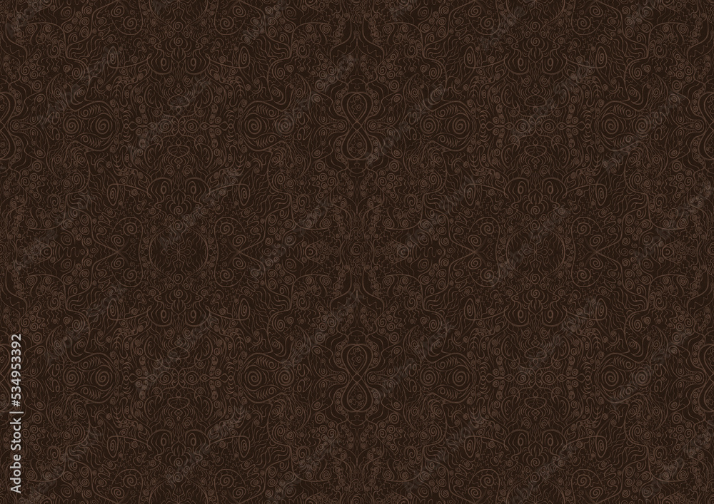 Fototapeta premium Hand-drawn unique abstract symmetrical seamless ornament. Light semi transparent brown on a dark brown background. Paper texture. Digital artwork, A4. (pattern: p06b)
