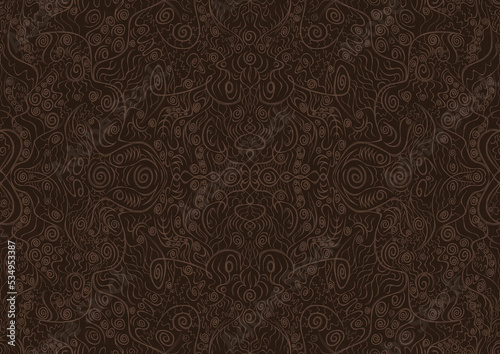Hand-drawn unique abstract symmetrical seamless ornament. Light semi transparent brown on a dark brown background. Paper texture. Digital artwork, A4. (pattern: p06a)