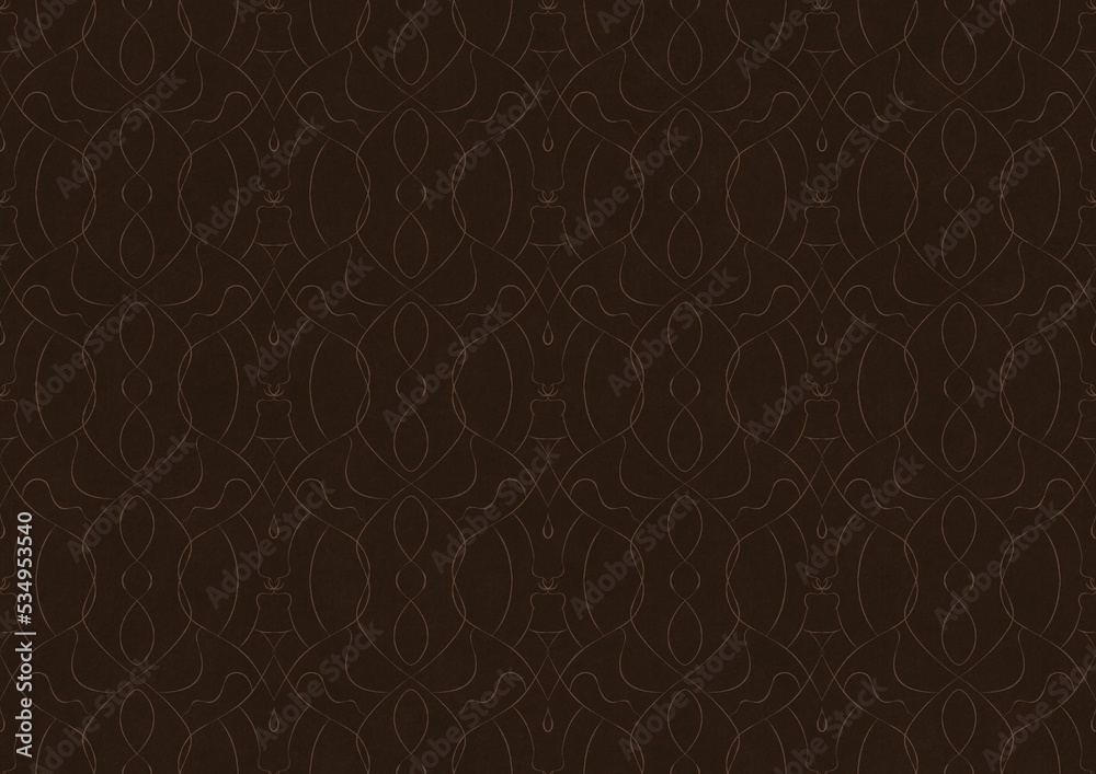 Hand-drawn unique abstract symmetrical seamless ornament. Light semi transparent brown on a dark brown background. Paper texture. Digital artwork, A4. (pattern: p08-1c) Hand-drawn unique abstract symmetrical seamless ornament. Light semi transparent brown on a dark brown background. Paper texture. Digital artwork, A4. (pattern: p08-1c)