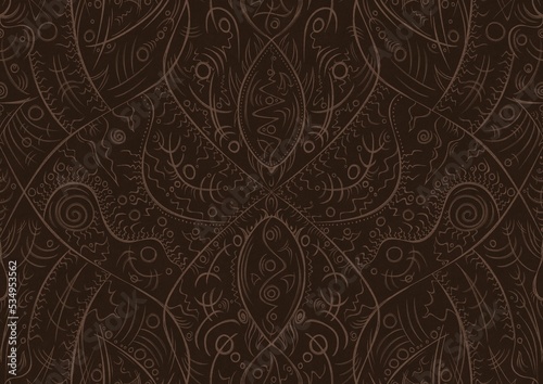 Hand-drawn unique abstract symmetrical seamless ornament. Light semi transparent brown on a dark brown background. Paper texture. Digital artwork, A4. (pattern: p08-2a)