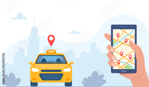 Yellow Taxi Car, front view, on city landscape background. Taxi mobile ordering service app concept. Hand holding smartphone with geotag gps location pin on city map. Vector illustration. © Alena