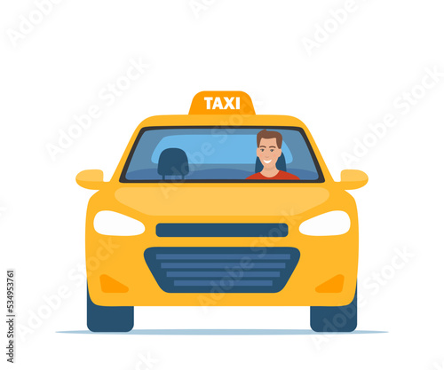 Yellow Taxi Car, front view. Taxi with smiling man driver. Vector illustration in flat style.