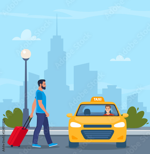 Man with a suitcase take taxi. Urban background. Yellow Taxi Car, front view. Taxi with smiling man driver. Flat vector illustration.