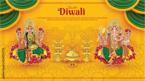 Goddess Laxmi and God Ganehsha on yellow old vintage background with shubh Deepawali hindi text