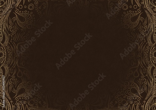 Dark brown textured paper with vignette of golden hand-drawn pattern. Copy space. Digital artwork, A4. (pattern: p09a)