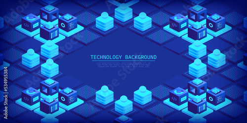 Abstract technology background Blockchain concept banner Futuristic information Isometric digital blocks connection with each other and shapes crypto chain Transferring of big data Vector illustration