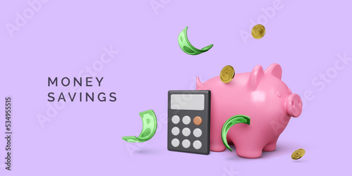 Pink piggy bank with calculator and gold coins green paper currency. Saving money and financial management