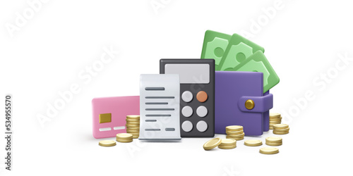 Calculator 3D wallet with paper currency and credit card financial bill and coin stacks. Money savings and finance expense management