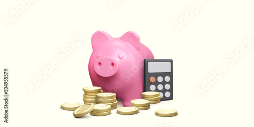 Piggy bank with calculator and stacks of gold coins. Money savings and finance expense management. Income tax or deposit bank account concept