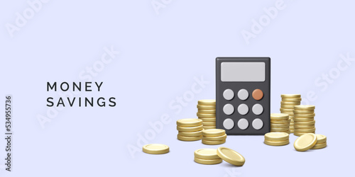 Calculator with gold coins stack. Calculation of financial savings concept. Money managemant and accounting. Vector illustration