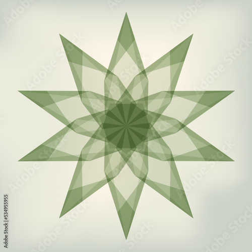 Vector drawing of a retro style, green, semi-transparent tissue paper star on a dusty gray background.