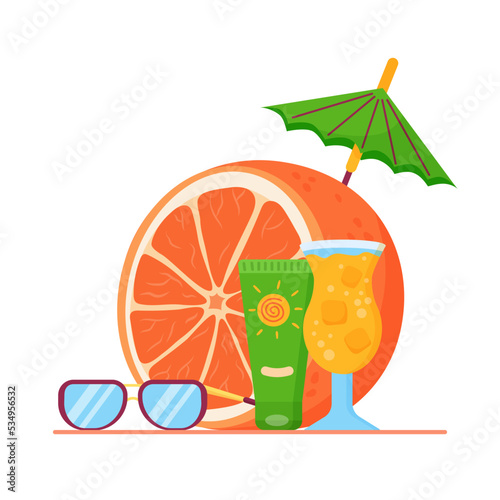Cocktail, sunglasses, sunscreen and bright orange.
