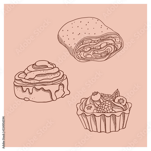 Bun cinnabon, cake and apple strudel, hand drawn style.