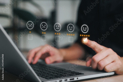 Customer can evaluate quality of service leading to reputation ranking of business, User give rating to service experience on online application, Customer review satisfaction feedback survey concept.