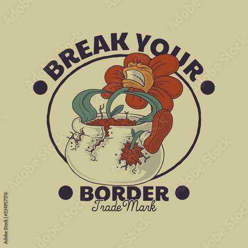 Cartoon emblem of flower breaking his vase with retro style