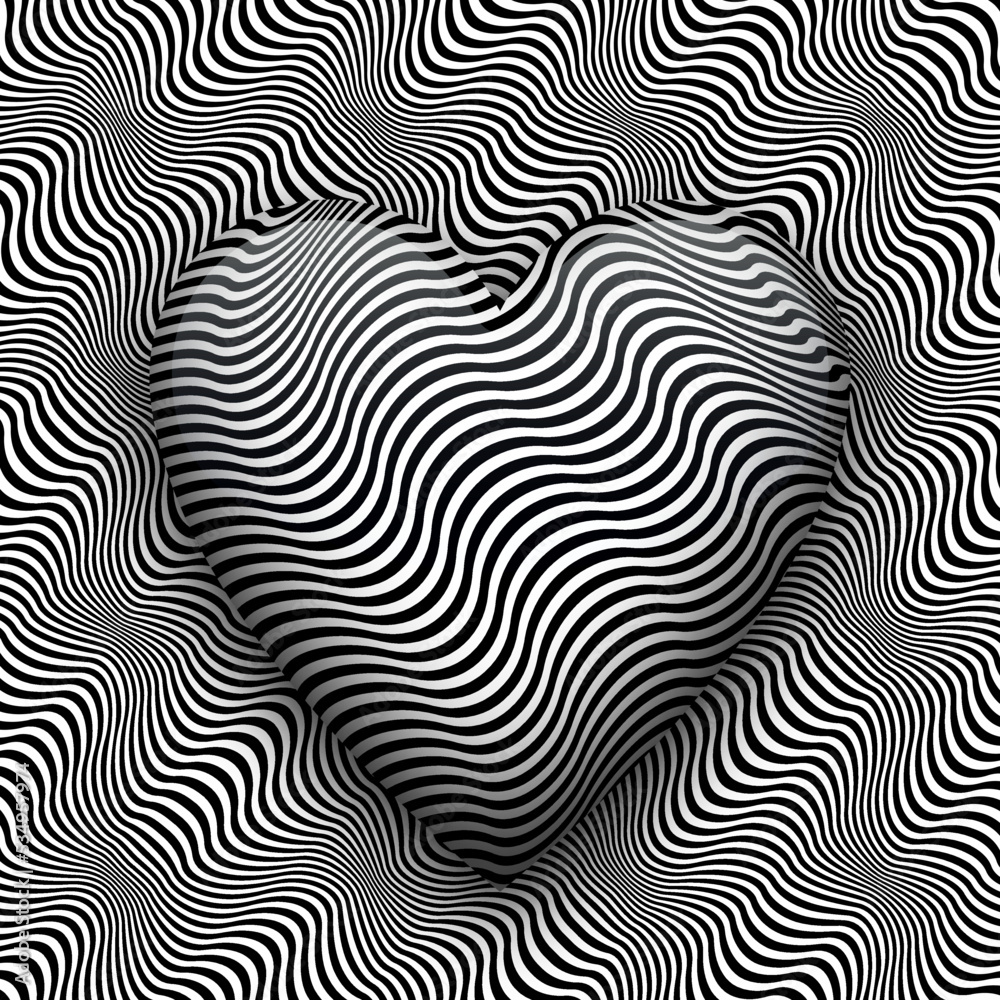 Trippy heart shape on wavy patterned surface. Vector black white optical art illustration.