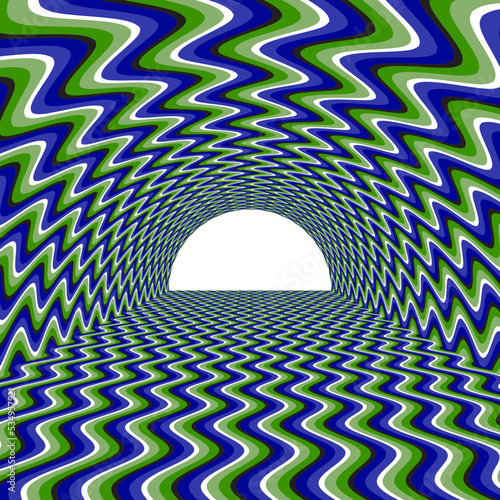 Optical illusion patterned frame in the form of an arched tunnel. Moving background with wavy blue and green stripes.