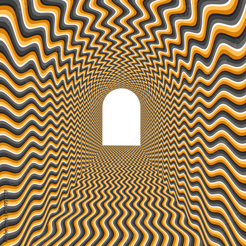 Optical illusion arched frame. Moving background with wavy gray and orange stripes.
